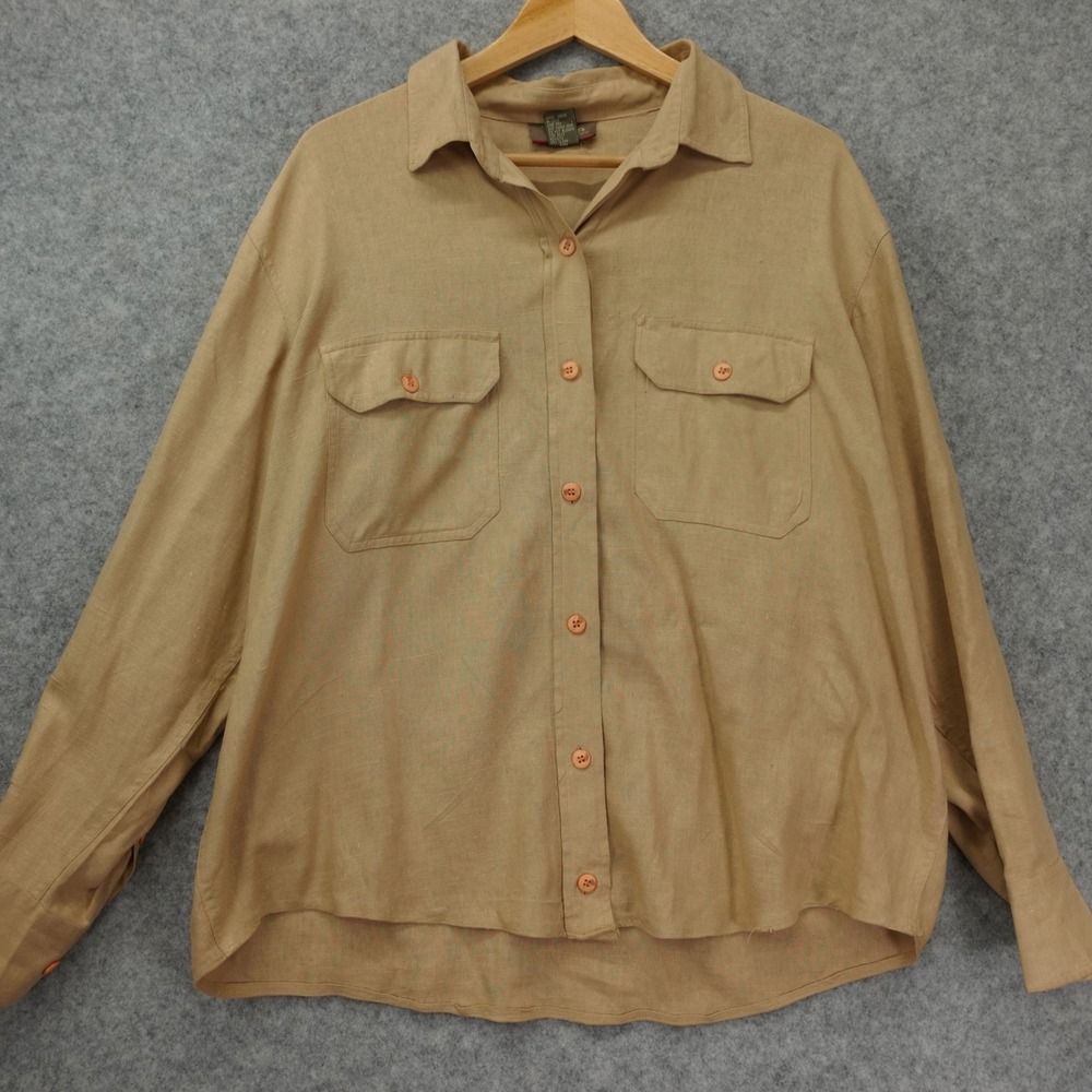 Vintage Coastal Cowboy Silk Shirt Womens L Tan Earthy Safari Work NEW YORK STYLE